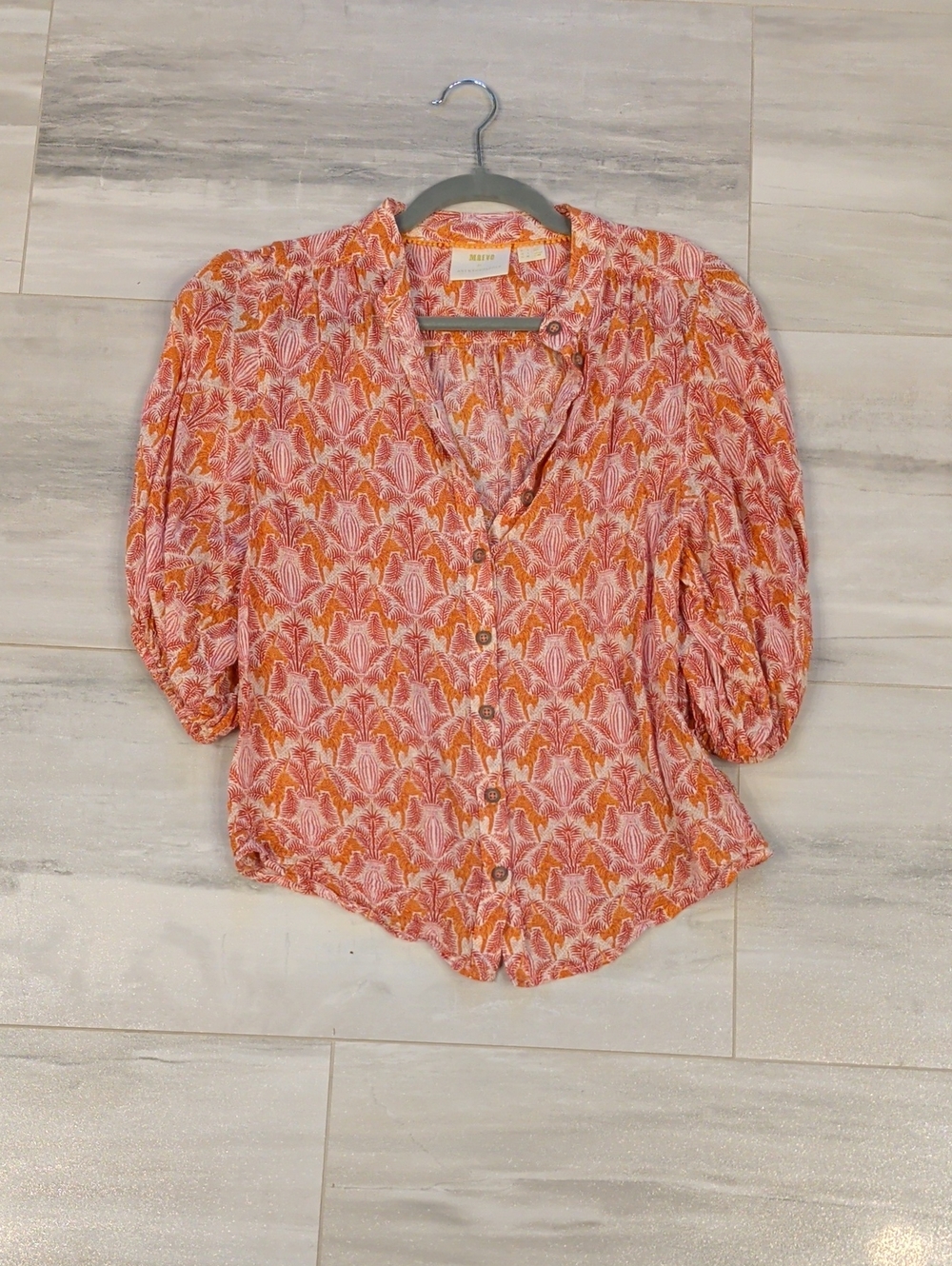 Anthropologie Maeve Pink & Orange Floral-Print Button-Front Puff Sleeve Shirt